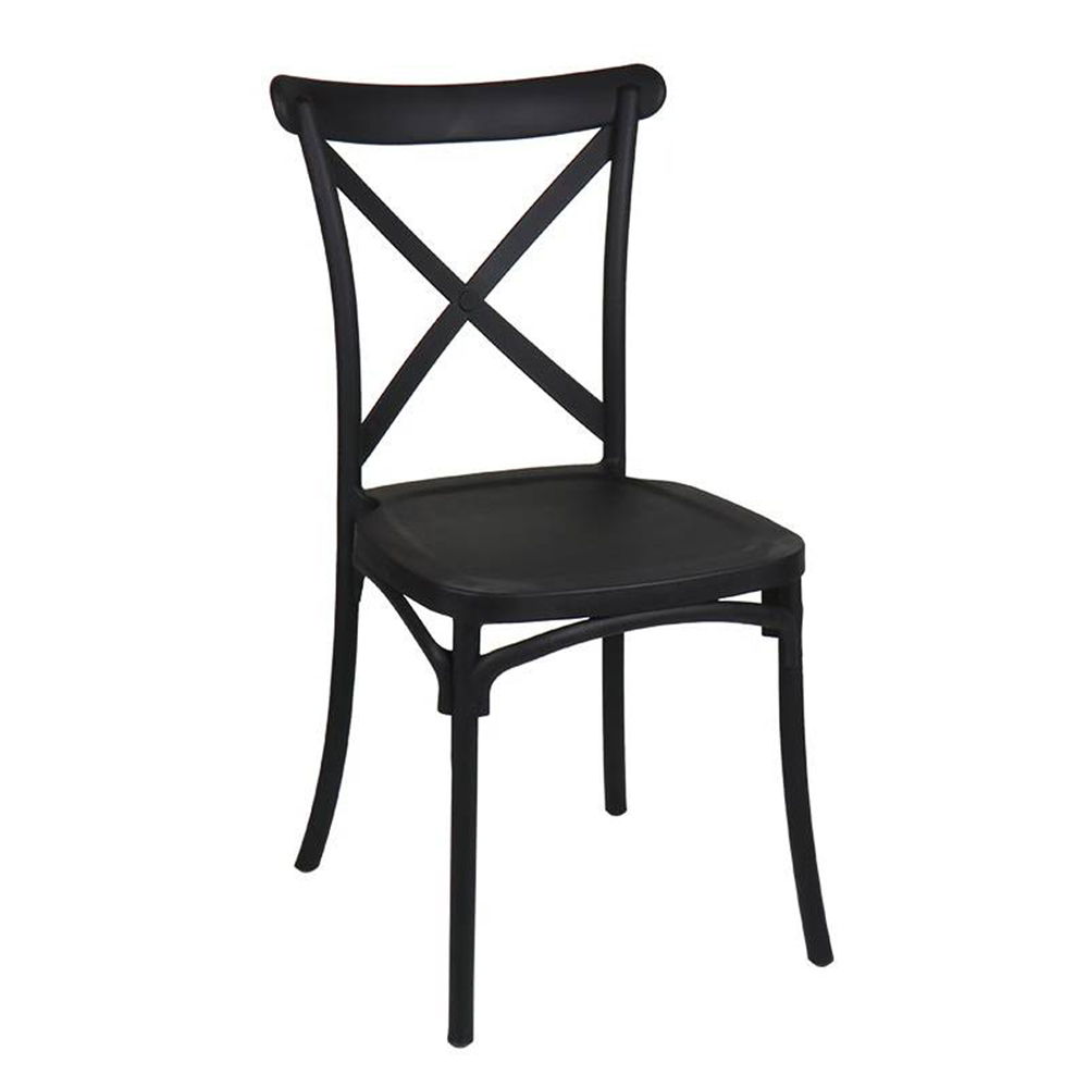 White plastic stackable cross back dining chairs