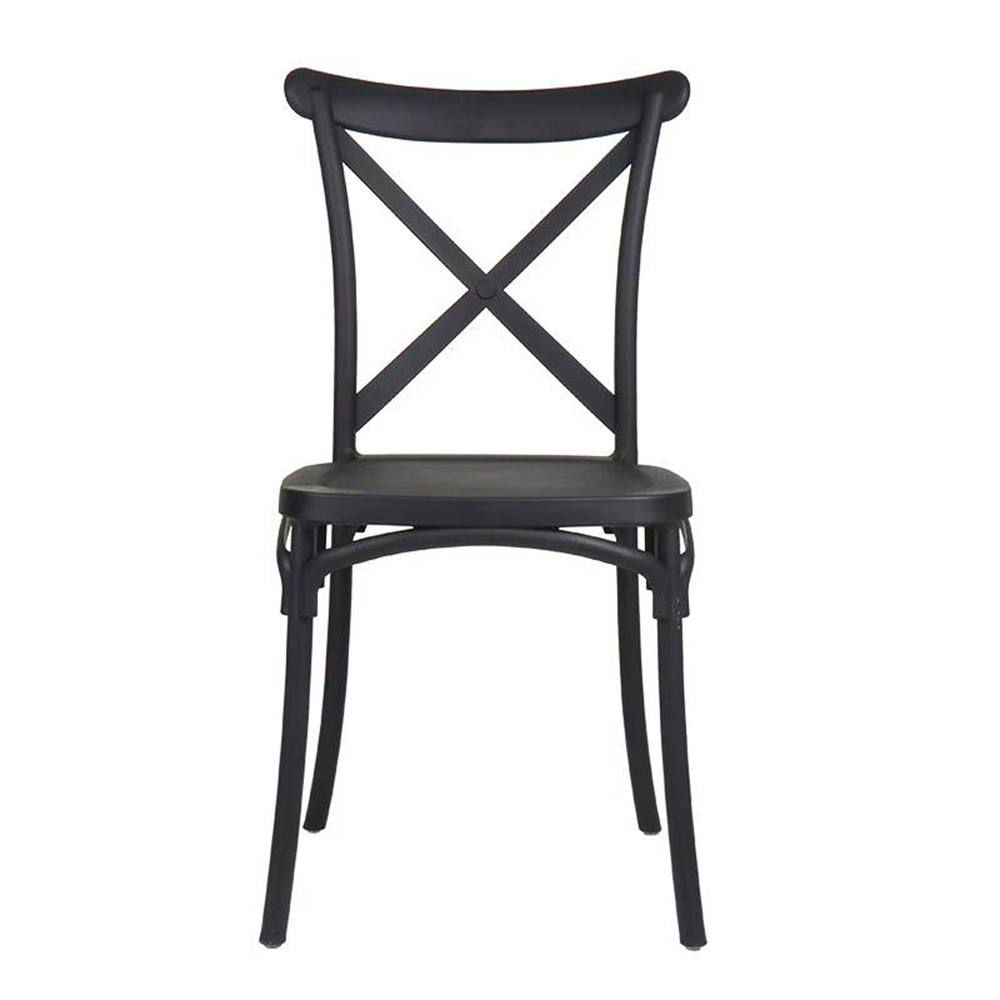White plastic stackable cross back dining chairs