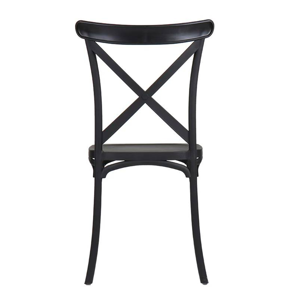 White plastic stackable cross back dining chairs